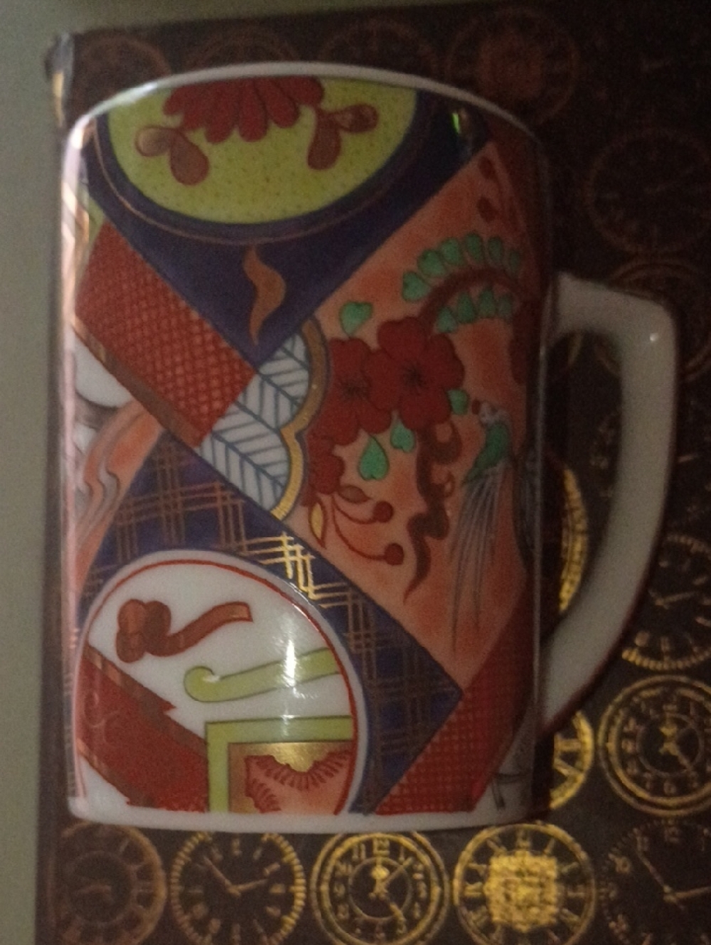 Decorative Floral Pattern Porcelain Mug in Red, Orange, Navy&Gold Neiman Marcus